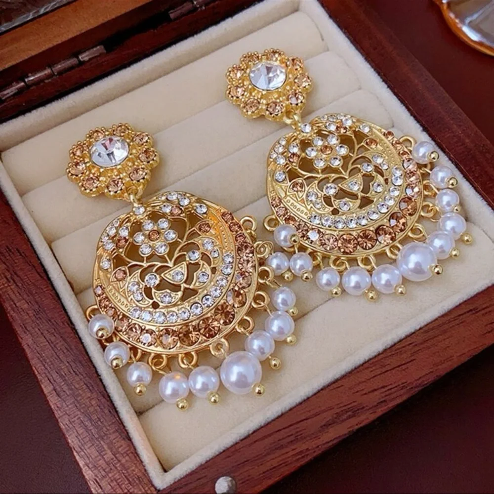 Vintage Palace Chandbali Earrings | Gold Tone Rhinestone & Faux Pearl Dangles